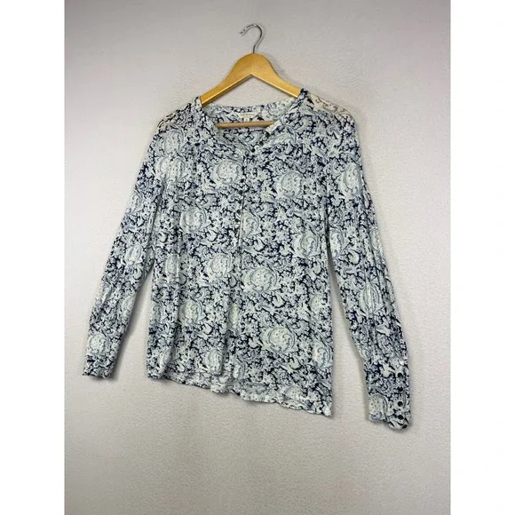 Boho Lucky Brand Womens Medium Blue White Paisley Button Front Long Sleeve Top - Picture 9 of 10